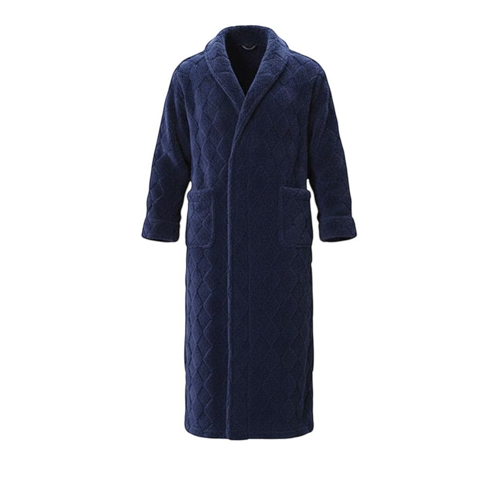 Le Monde du Peignoir navy blue quilted fleece long robe with pockets and shawl collar.