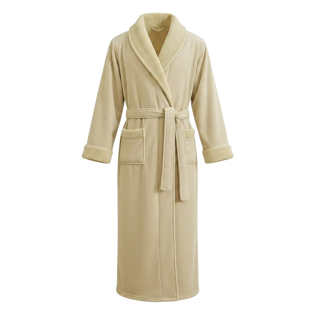 Le Monde du Peignoir men's thick fleece robe in beige with sherpa collar and cuffs, belted waist, and pockets.
