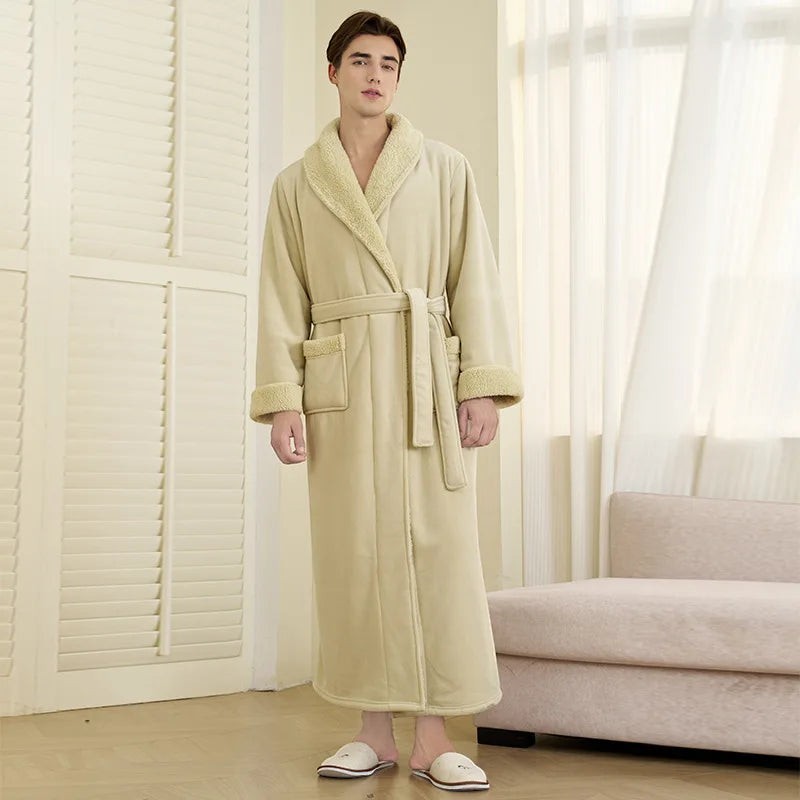 Le Monde du Peignoir men's thick fleece robe in beige with sherpa collar and cuffs, belted waist, and pockets.