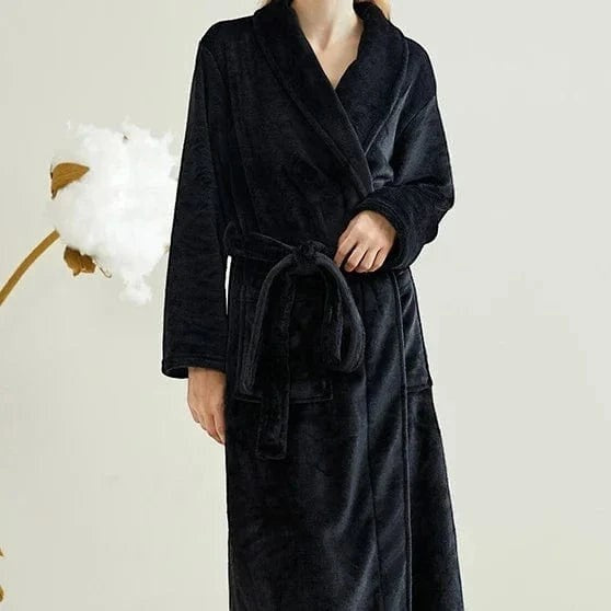 Le Monde du Peignoir black long fleece robe with shawl collar and tie belt, perfect for winter comfort.