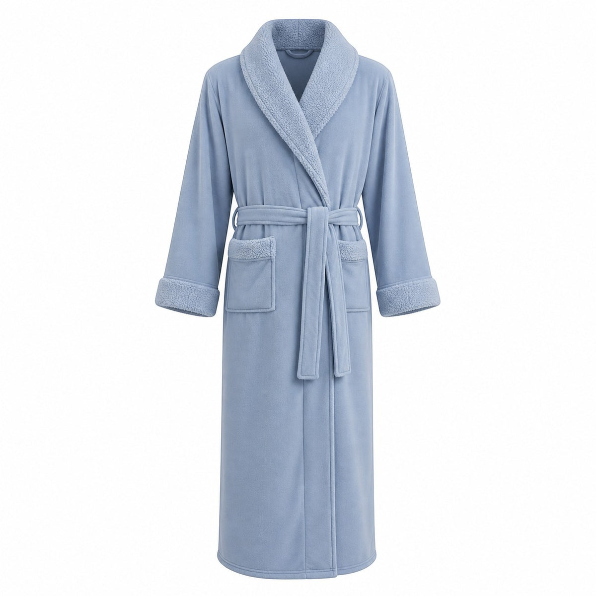 Le Monde du Peignoir light blue fleece bathrobe with shawl collar, belt, and pockets. Soft, thick, and comfortable for lounging.