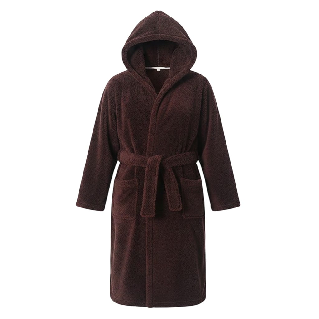 Le Monde du Peignoir men's thick fleece hooded robe in dark brown, perfect for winter warmth and comfort.