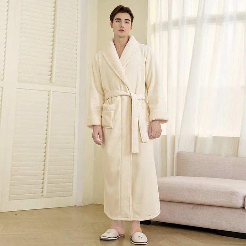 Le Monde du Peignoir cream fleece thick belted robe with sherpa trim and pockets. Model is wearing a long sleeve robe.