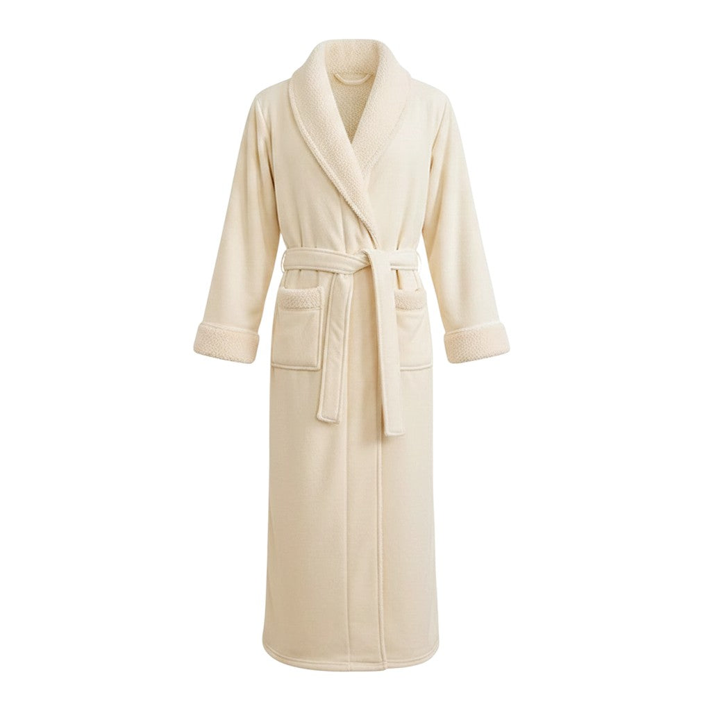 Le Monde du Peignoir men's thick fleece robe in cream with sherpa collar and cuffs, belted waist, and pockets.