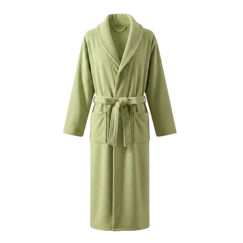 Le Monde du Peignoir long green velvet kimono robe with belt and pockets. Warm and comfortable for winter loungewear.
