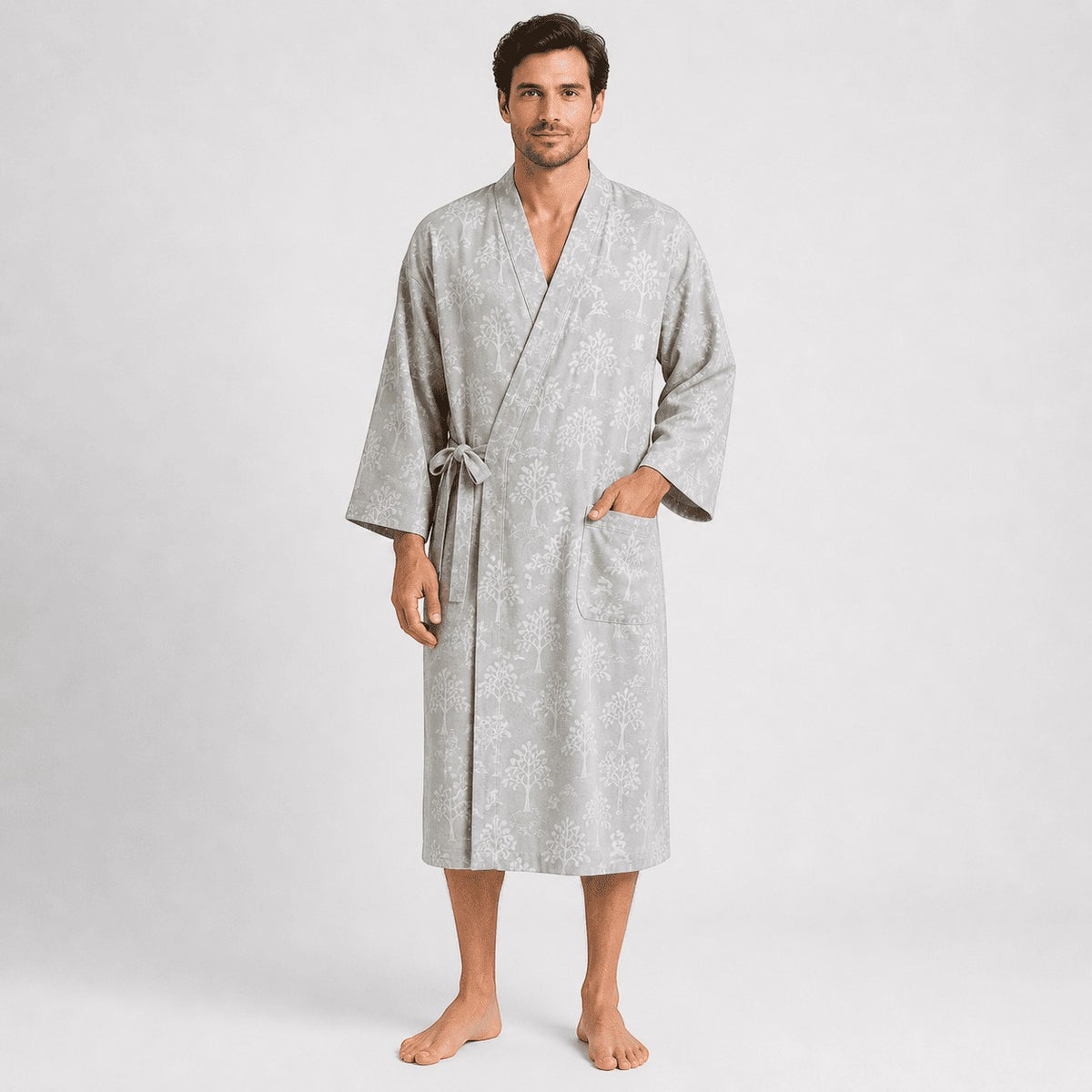 Le Monde du Peignoir grey cotton gauze Japanese kimono robe with tree motif, tie waist, and pockets.