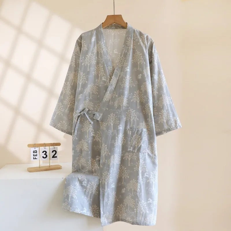 Le Monde du Peignoir light grey cotton gauze Japanese kimono with tree and rabbit pattern, tie waist, and pockets.