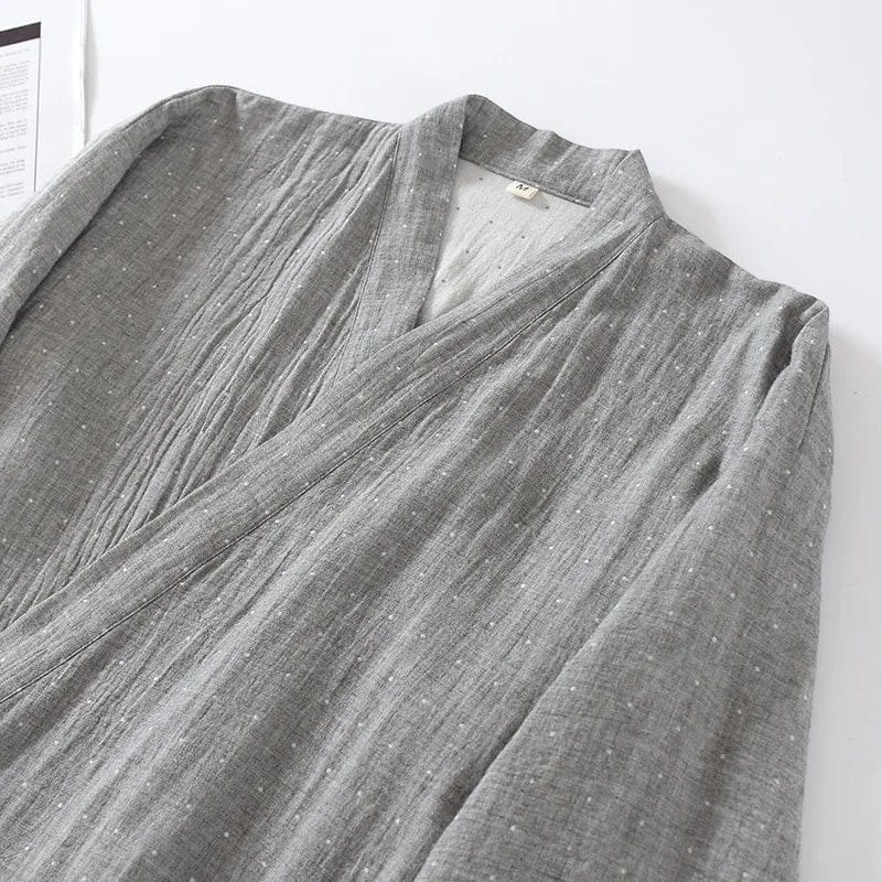 Le Monde du Peignoir grey cotton oversized Japanese style lightweight kimono with white polka dots.
