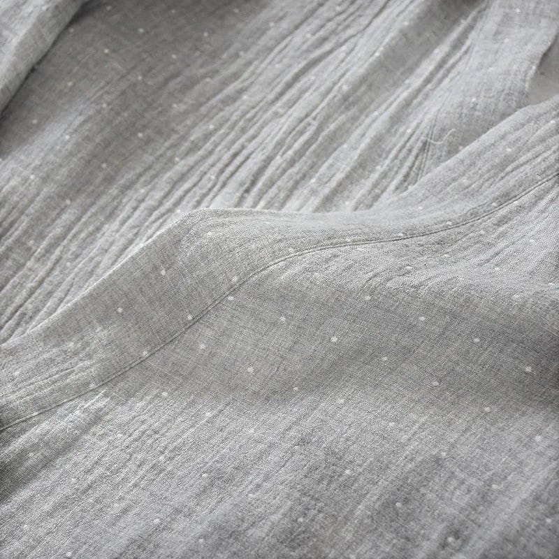 Le Monde du Peignoir light grey cotton oversized Japanese style kimono with subtle white polka dots and textured fabric.