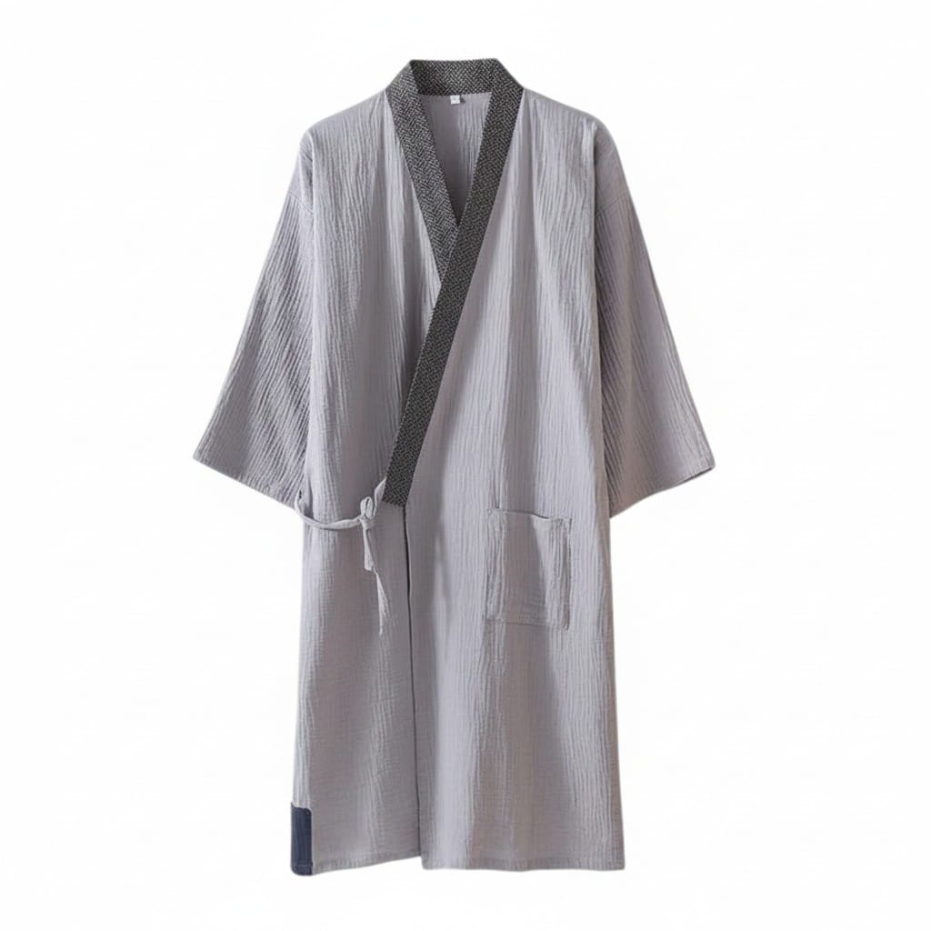 Le Monde du Peignoir grey cotton mid-length kimono with contrasting trim and tie closure.