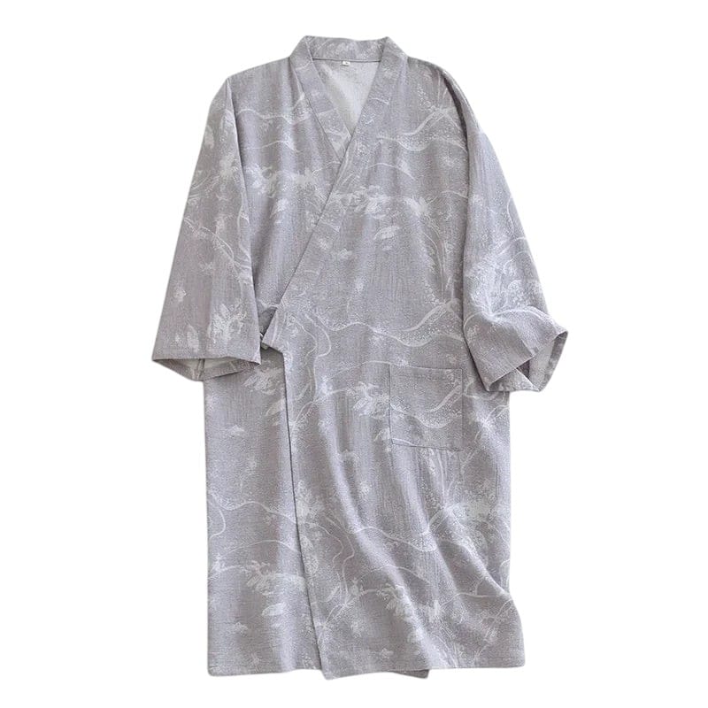 Le Monde du Peignoir grey jacquard cotton long Japanese kimono with a subtle floral pattern and tie closure.
