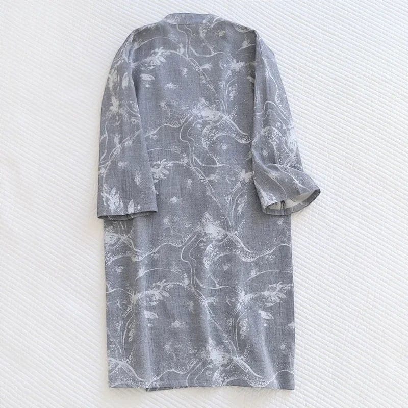 Le Monde du Peignoir grey jacquard cotton long Japanese kimono with a white floral pattern.