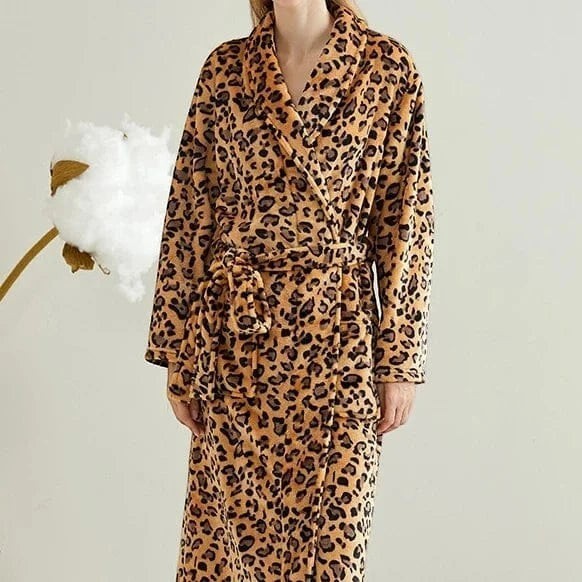 Le Monde du Peignoir long leopard print fleece robe with shawl collar and tie waist.