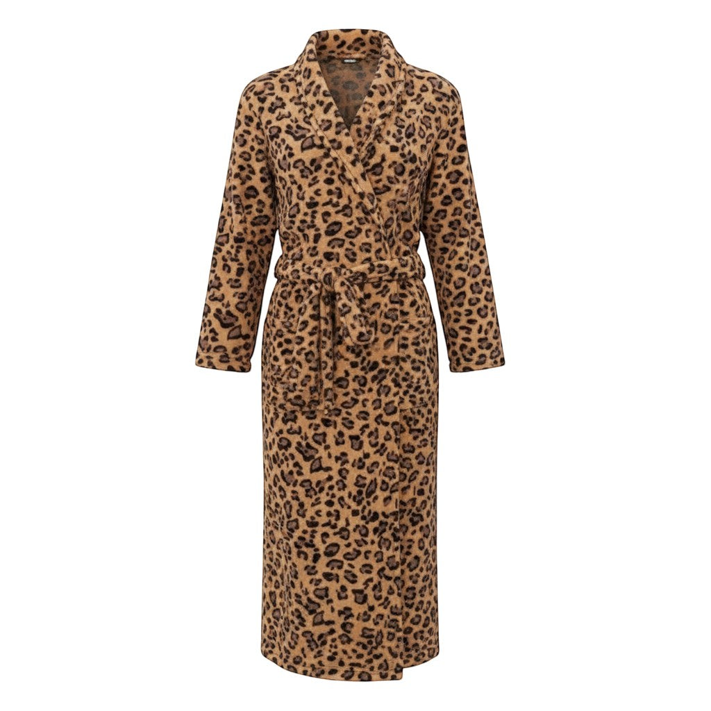 Le Monde du Peignoir long leopard print fleece robe with shawl collar and tie waist.
