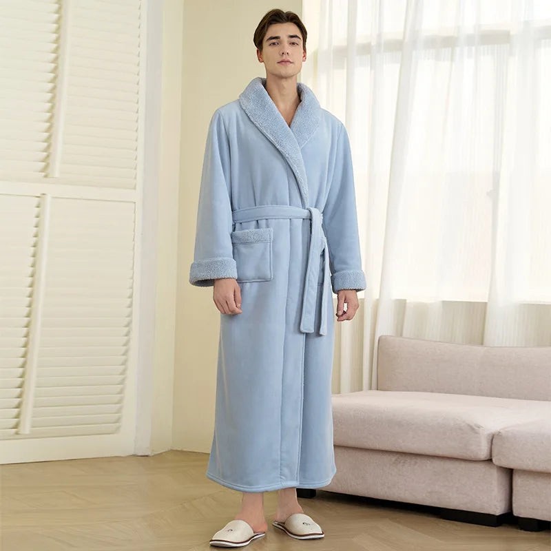 Le Monde du Peignoir light blue plush bathrobe for men, belted with shawl collar and cuffs, featuring pockets.