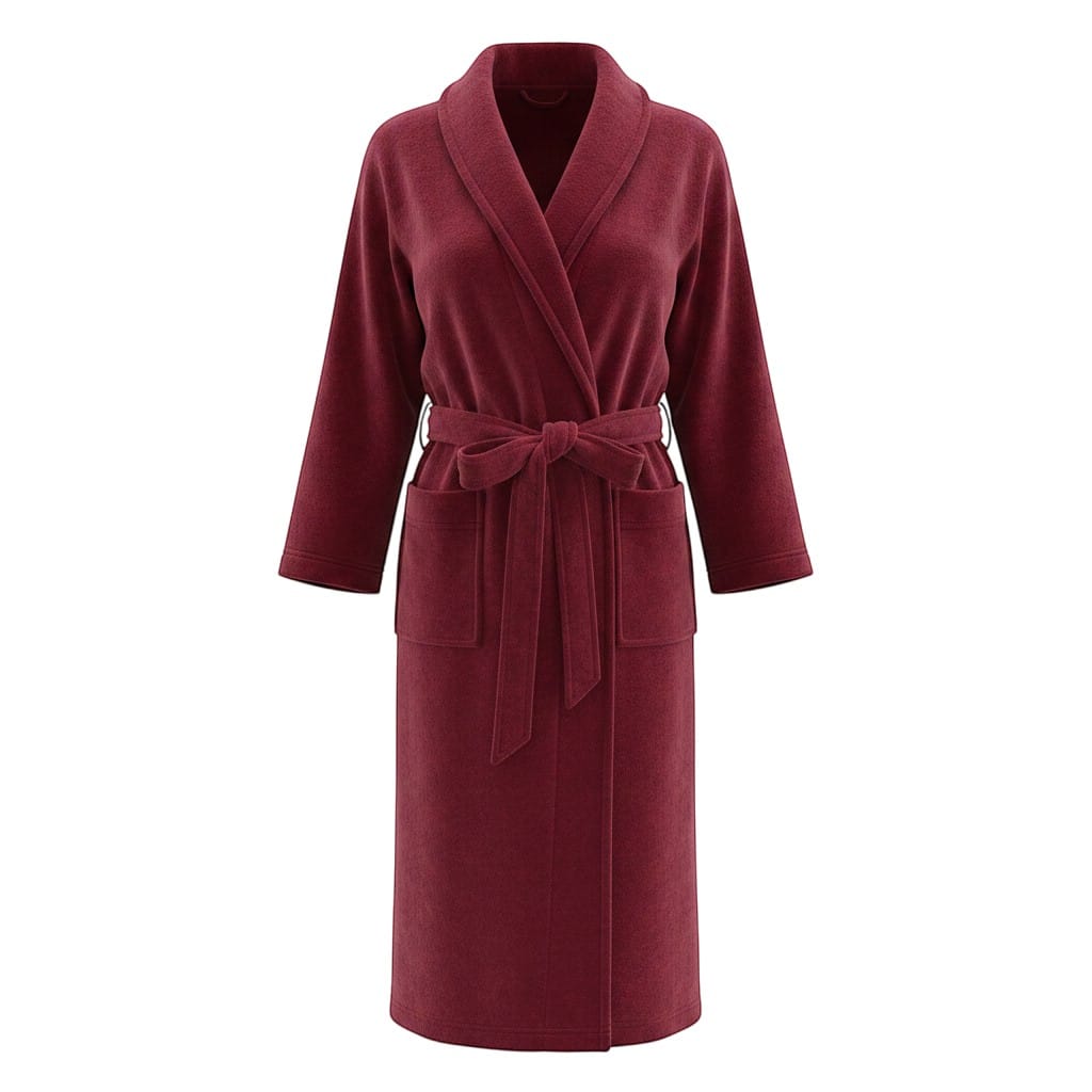 Le Monde du Peignoir long burgundy fleece bathrobe with shawl collar and tie waist.