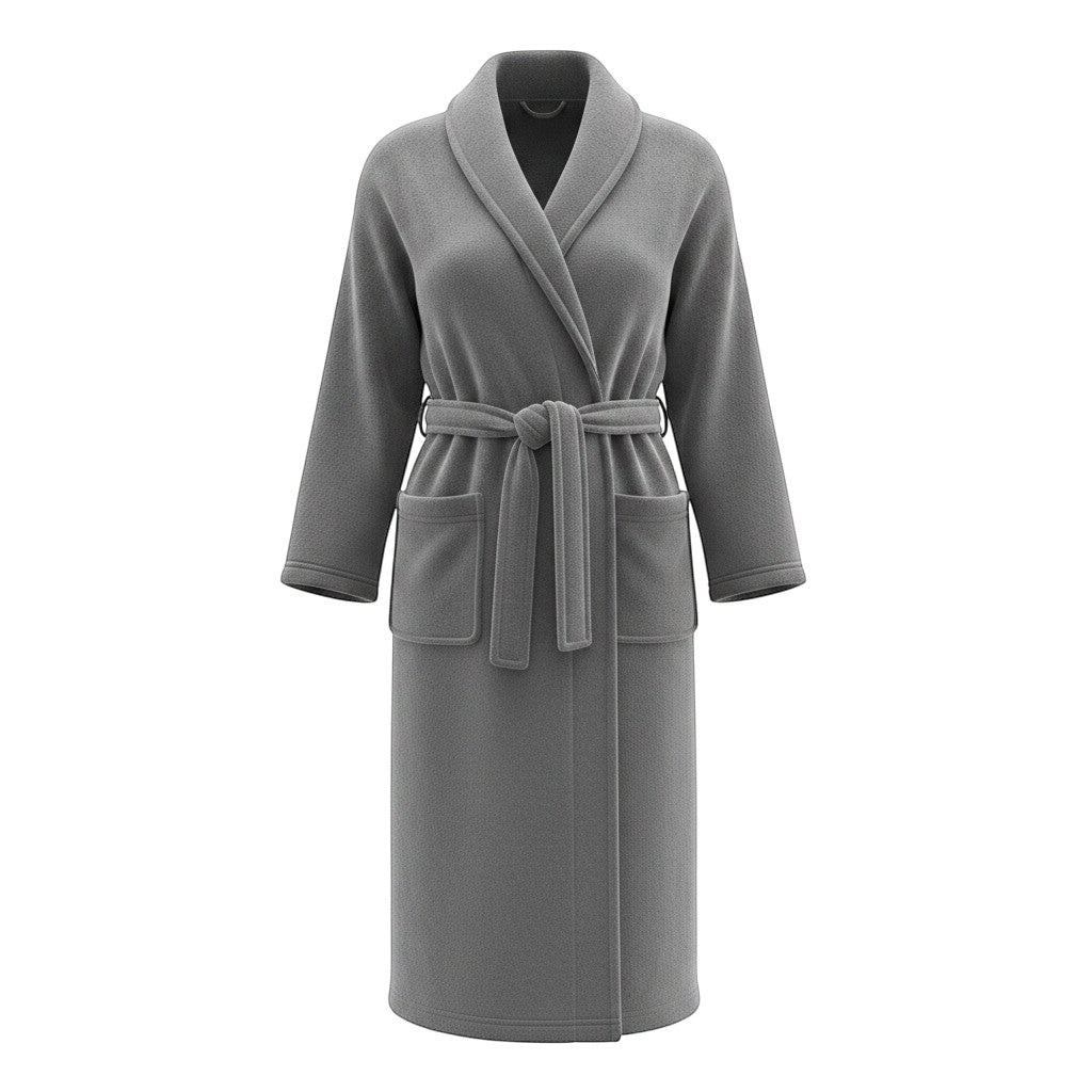 Le Monde du Peignoir long grey fleece bathrobe with shawl collar and tie belt.