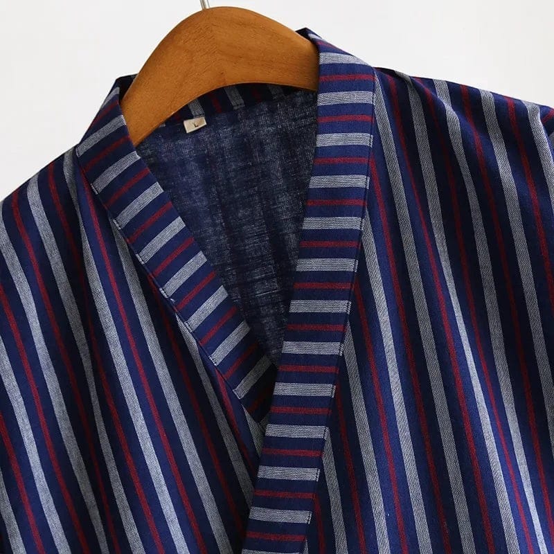 Le Monde du Peignoir men's double-layer cotton Japanese kimono with navy, red, and grey stripes.