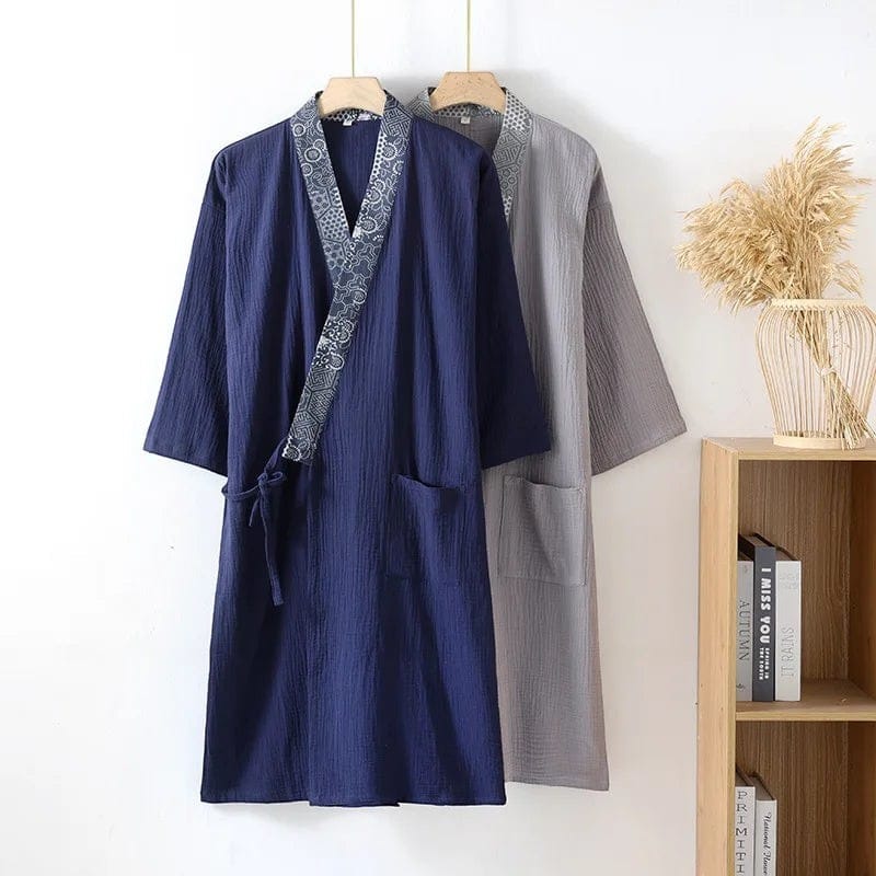 Le Monde du Peignoir navy blue lightweight cotton kimono with printed collar and pockets, grey kimono behind.