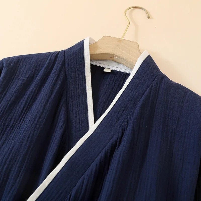 Le Monde du Peignoir navy blue lightweight cotton mid-length Japanese kimono with white trim, ideal for loungewear.