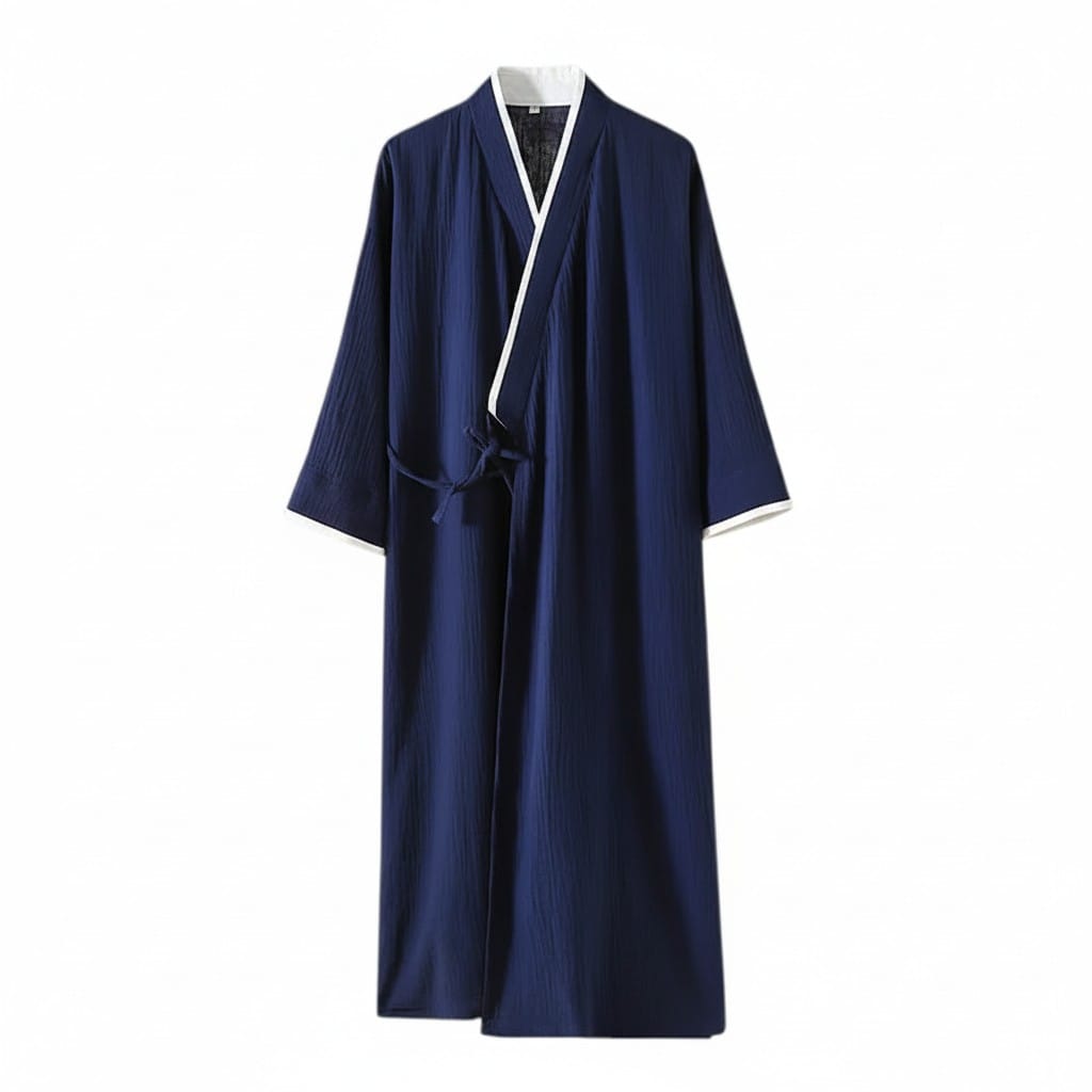 Le Monde du Peignoir navy blue lightweight cotton mid-length Japanese kimono with white trim and tie closure.