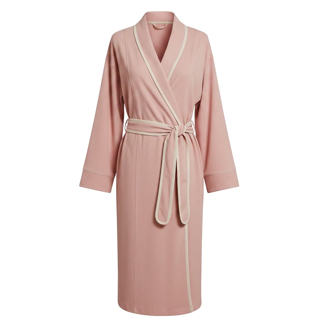 Le Monde du Peignoir pink fleece kimono robe with cream trim and belt, ideal for winter loungewear.