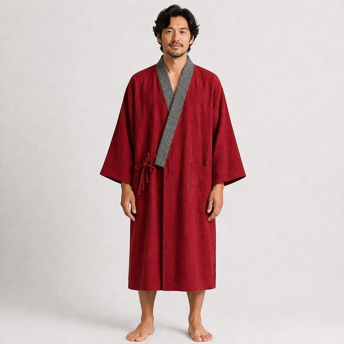 Le Monde du Peignoir red cotton mid-length kimono with grey patterned collar and tie closure