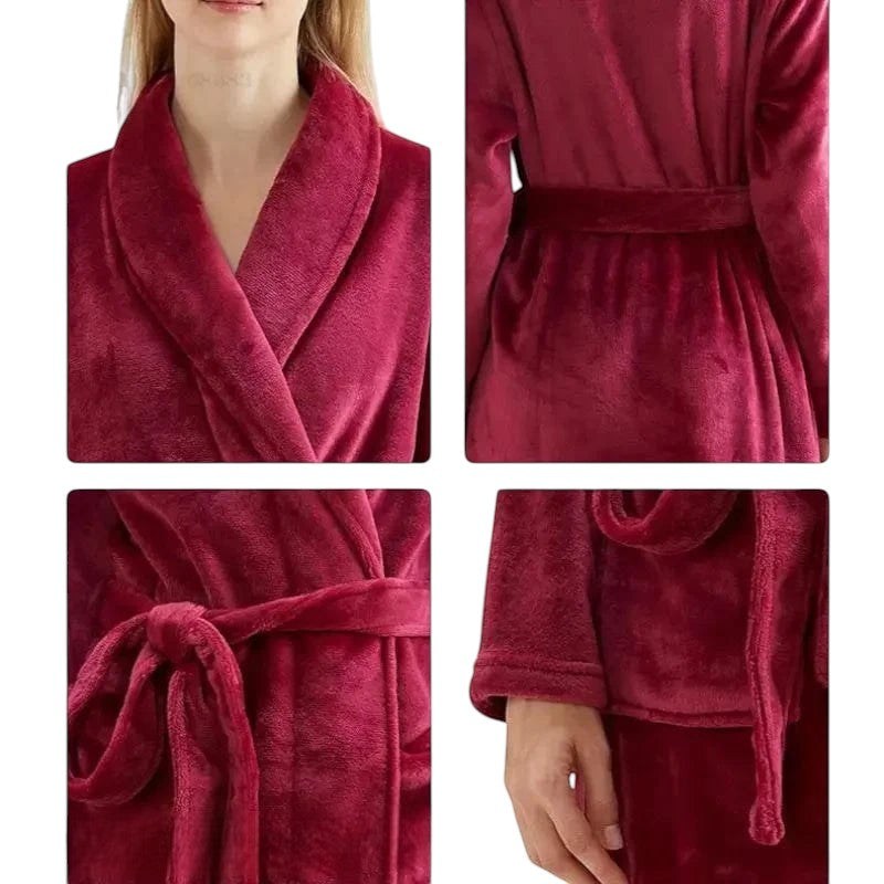 Le Monde du Peignoir long plush robe in deep red with shawl collar and tie waist. Soft coral fleece for ultimate warmth.