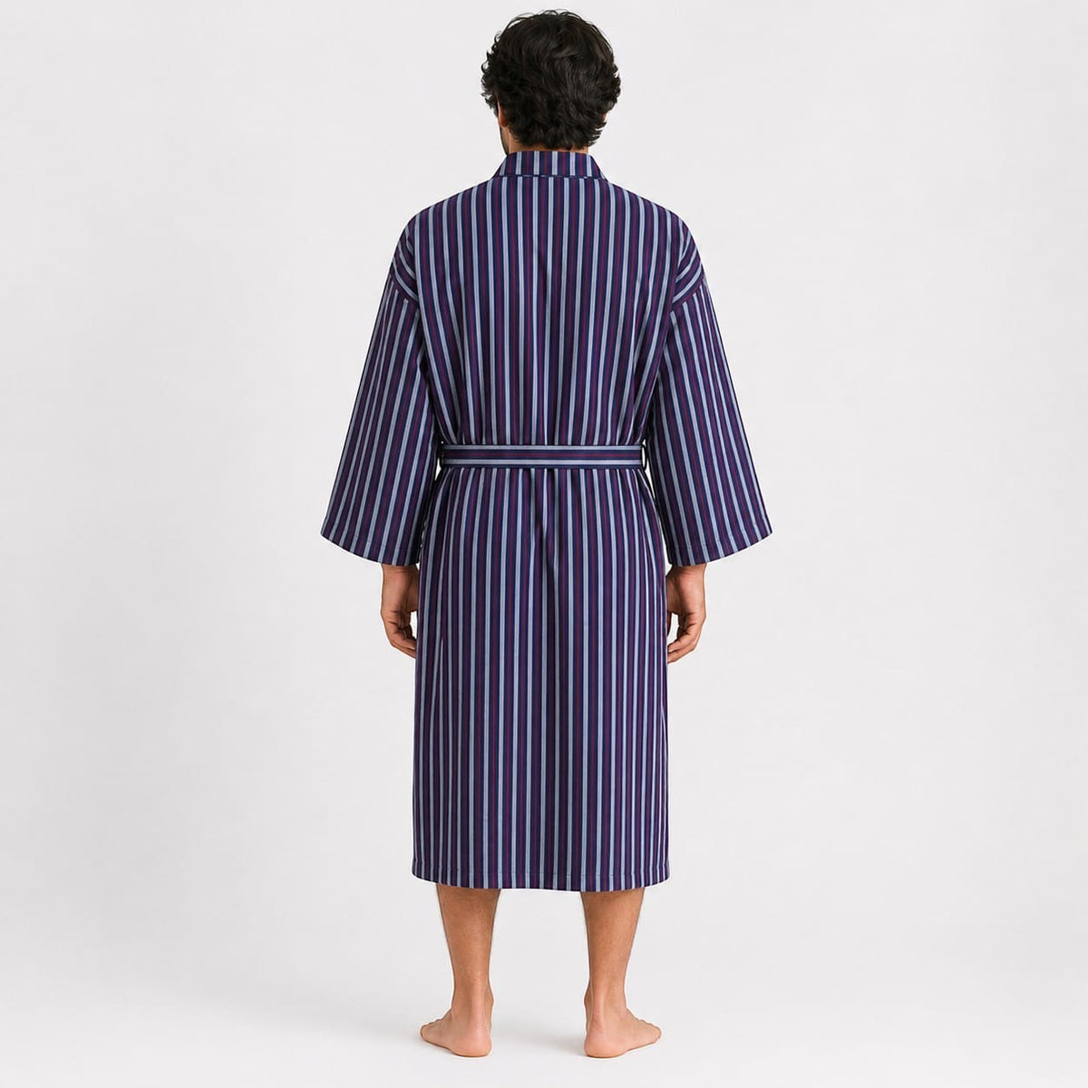 Le Monde du Peignoir men's double-layer cotton kimono robe with navy, purple, and light blue vertical stripes and a tie belt.