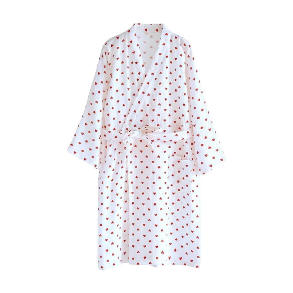 Le Monde du Peignoir white cotton kimono with red heart pattern, tie waist, 3/4 sleeves, and pockets.