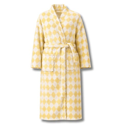 Le Monde du Peignoir yellow and white diamond pattern fleece robe with belt and pockets.