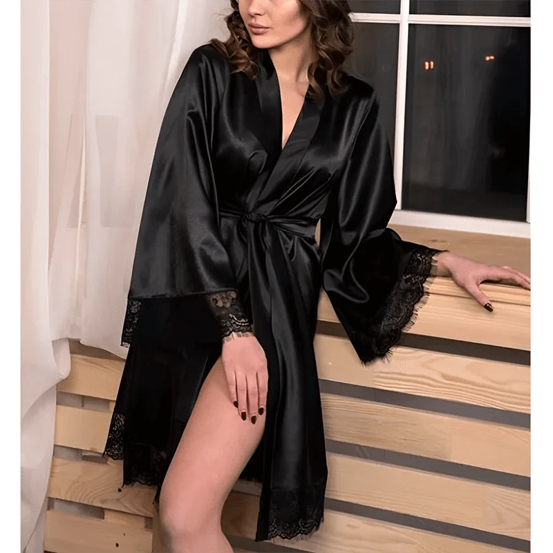 Peignoir Femme Satin Dentelle Noir