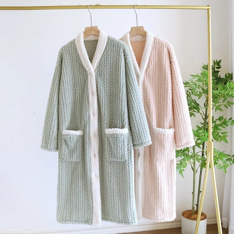 Robe de Chambre Femme Chaude Boutonnée Patchwork Cute