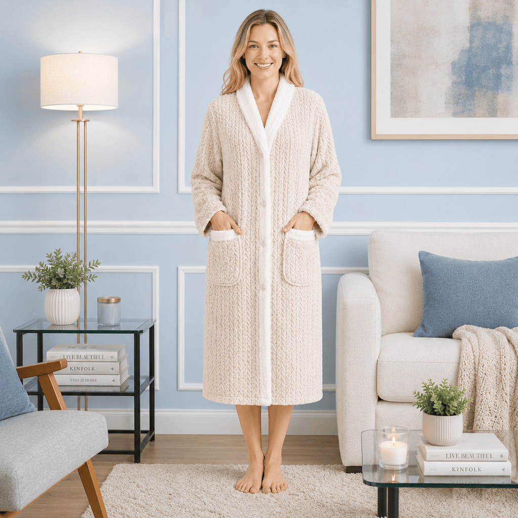 Robe de Chambre Femme Chaude Boutonnée Patchwork Cute
