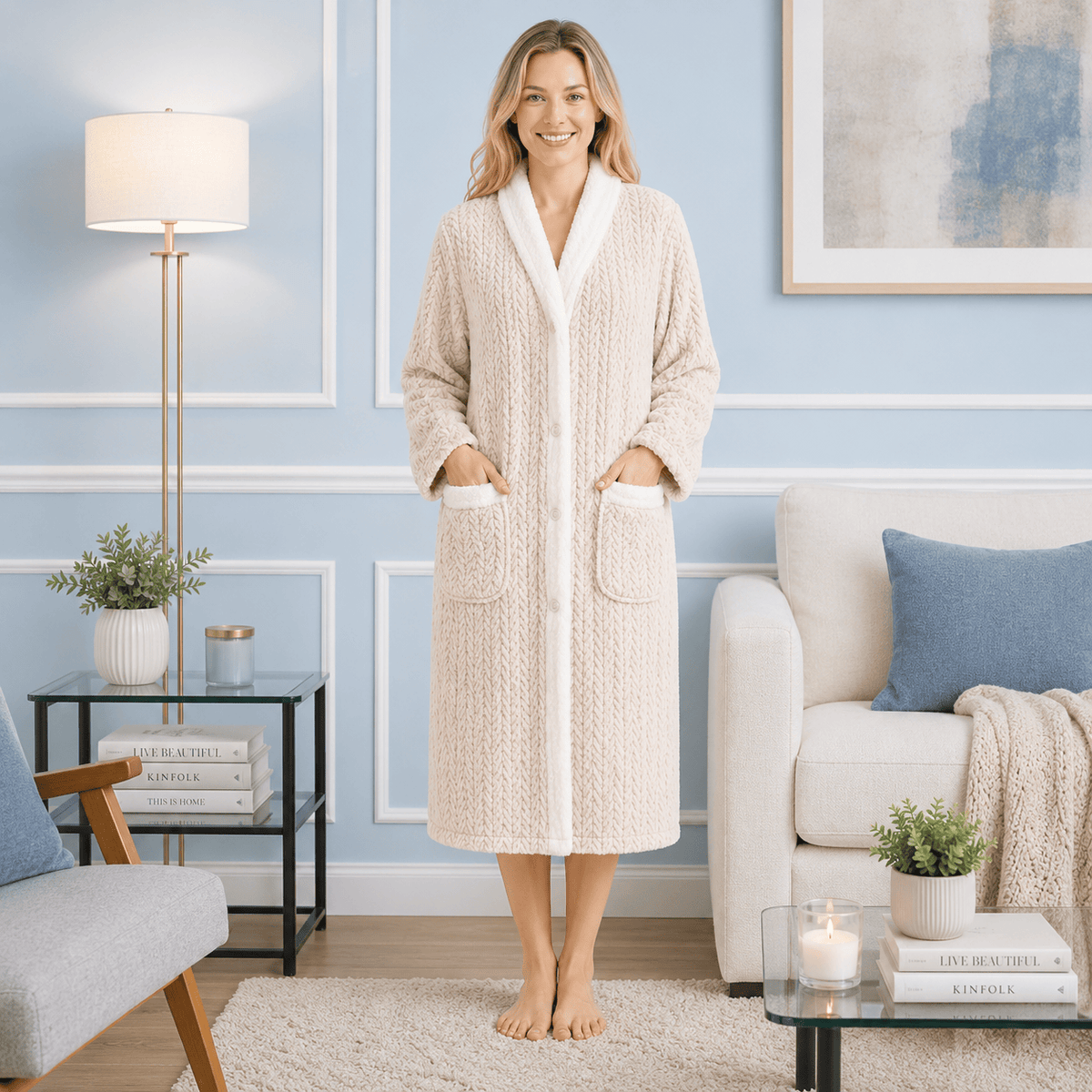 Robe de Chambre Femme Chaude Boutonnée Patchwork Cute
