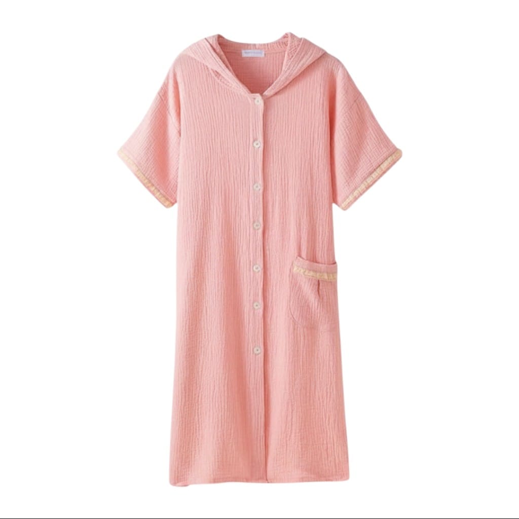 Robe de Chambre Femme Coton Capuche Boutonnée Été
