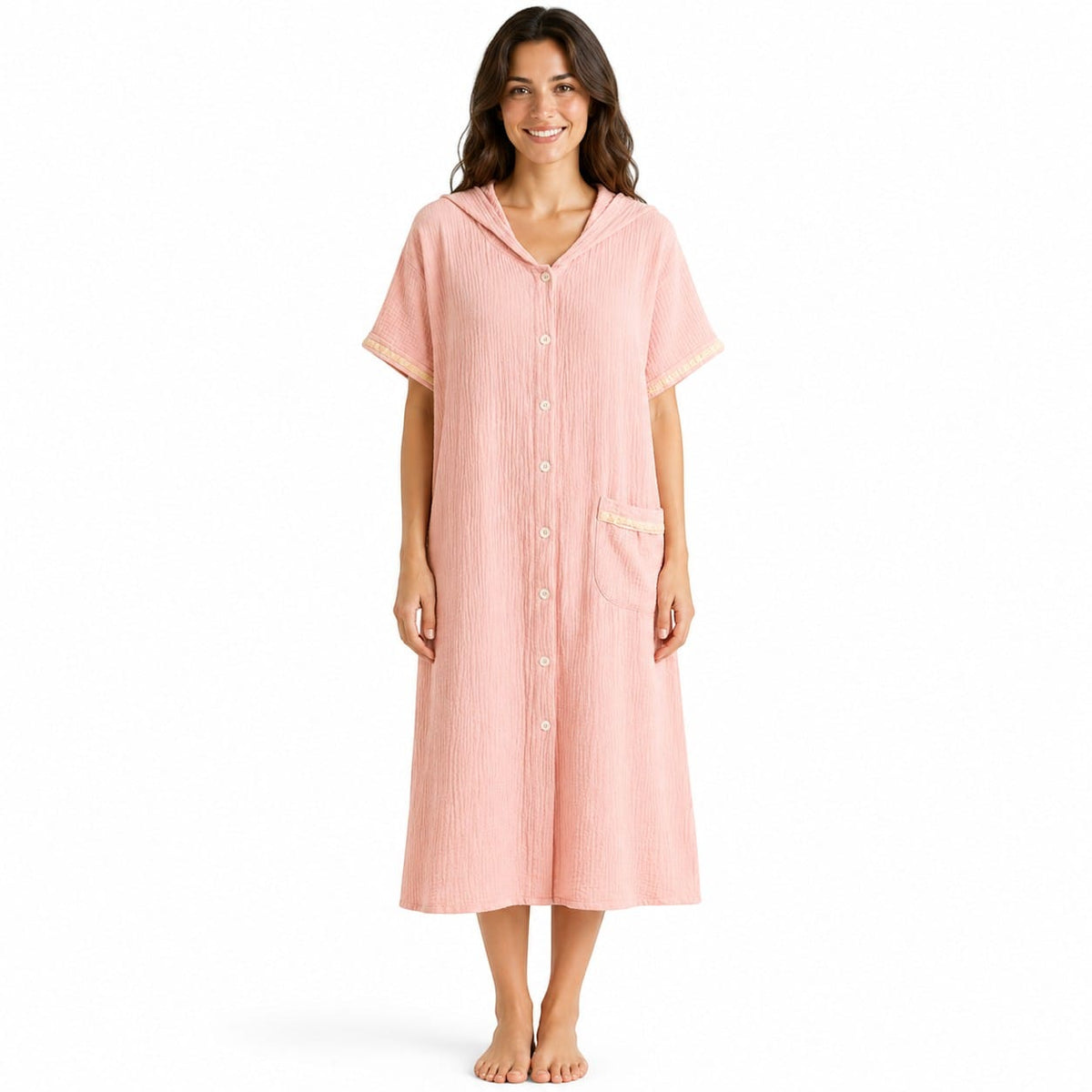 Robe de Chambre Femme Coton Capuche Boutonnée Été