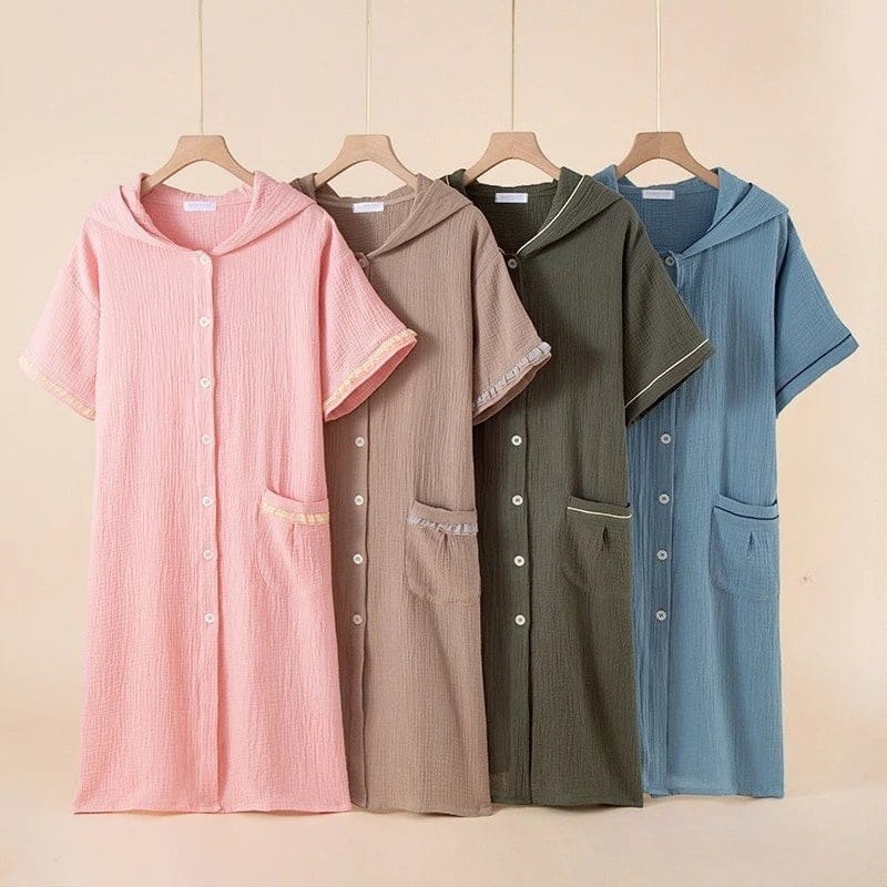 Robe de Chambre Femme Coton Capuche Boutonnée Été