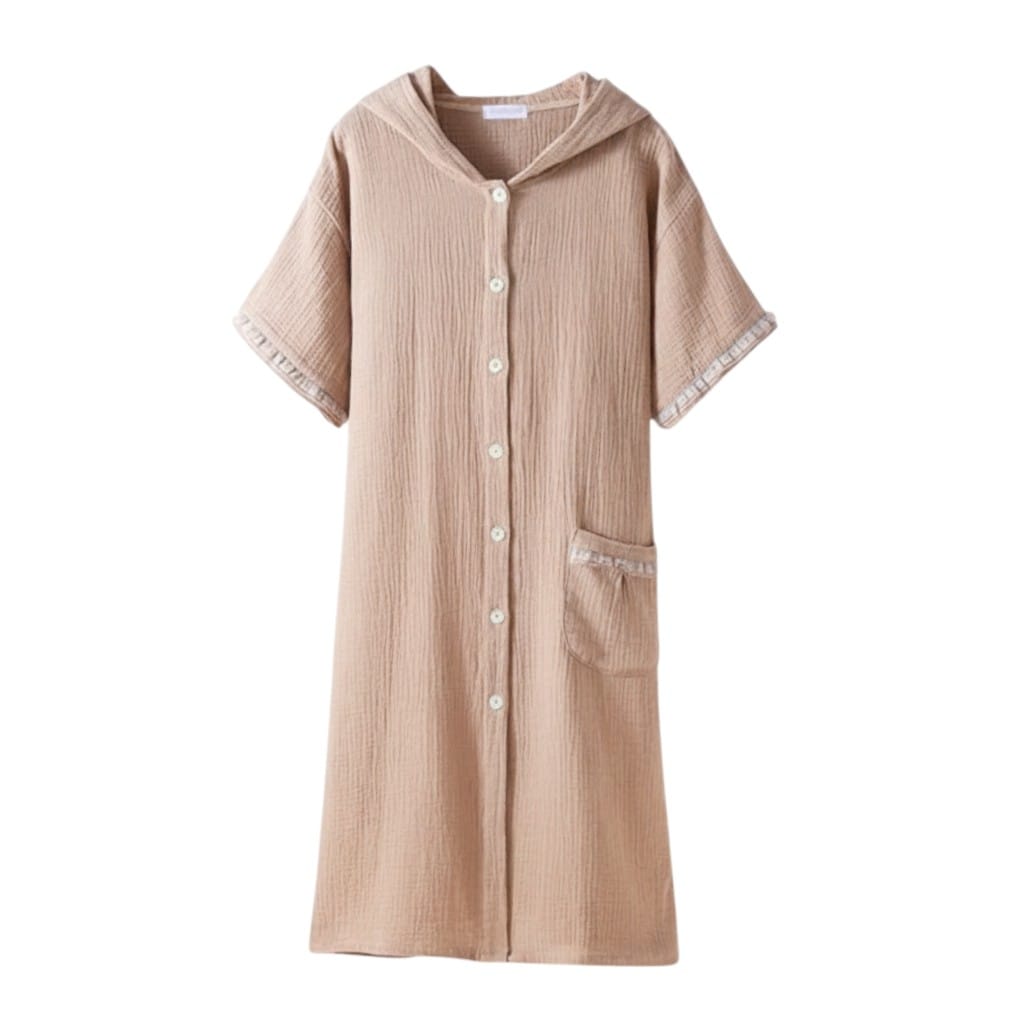 Robe de Chambre Femme Coton Capuche Boutonnée Été