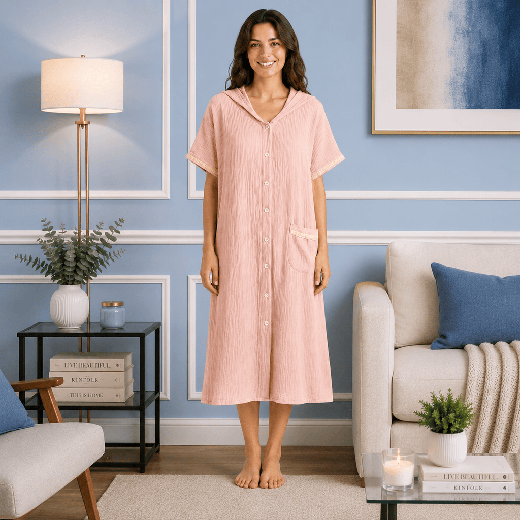 Robe de Chambre Femme Coton Capuche Boutonnée Été