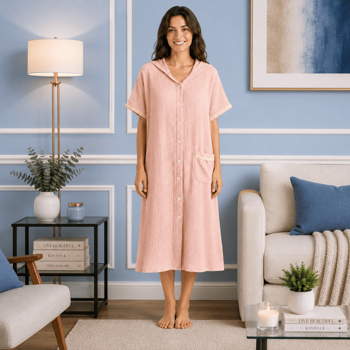 Robe de Chambre Femme Coton Capuche Boutonnée Été