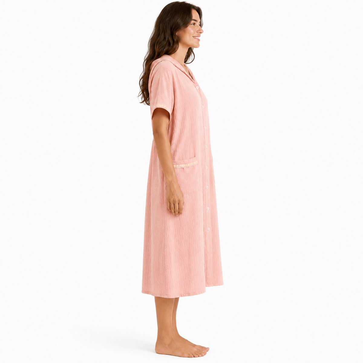 Robe de Chambre Femme Coton Capuche Boutonnée Été