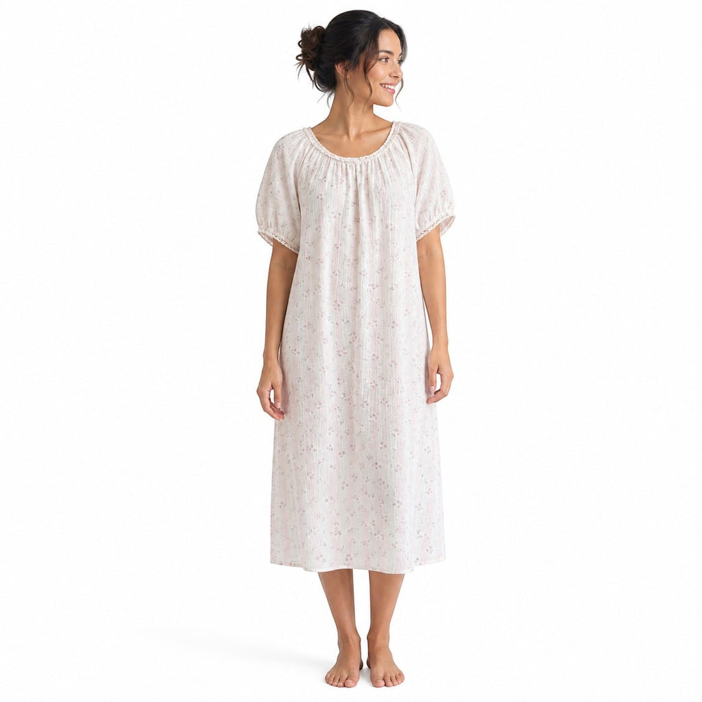 Robe de Chambre Femme Coton Imprimé Fleuri Dentelle