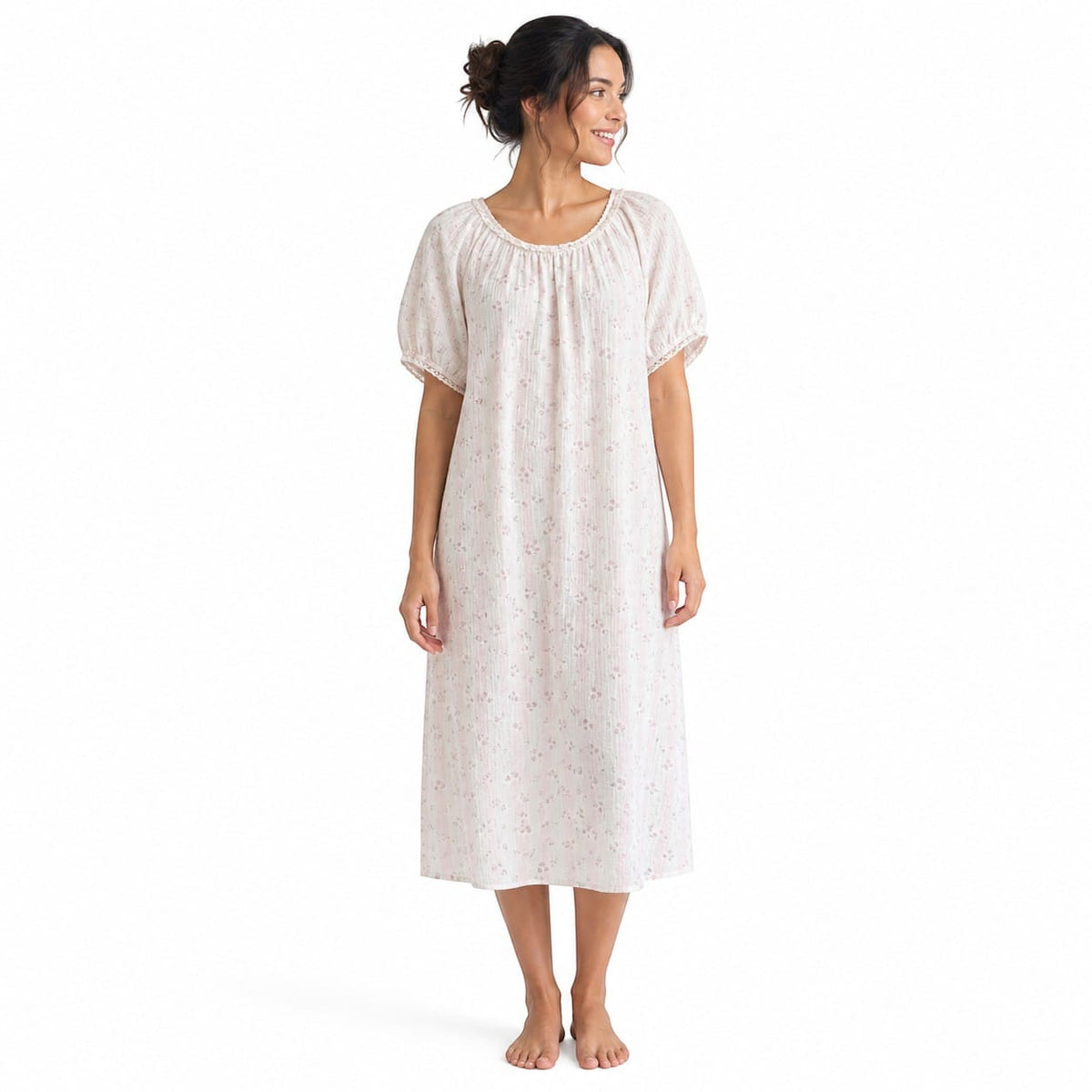 Robe de Chambre Femme Coton Imprimé Fleuri Dentelle