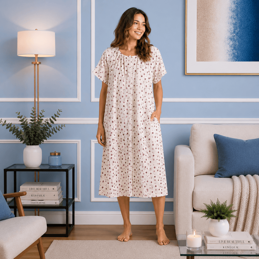 Robe de Chambre Femme Coton Imprimé Manches Courtes Été