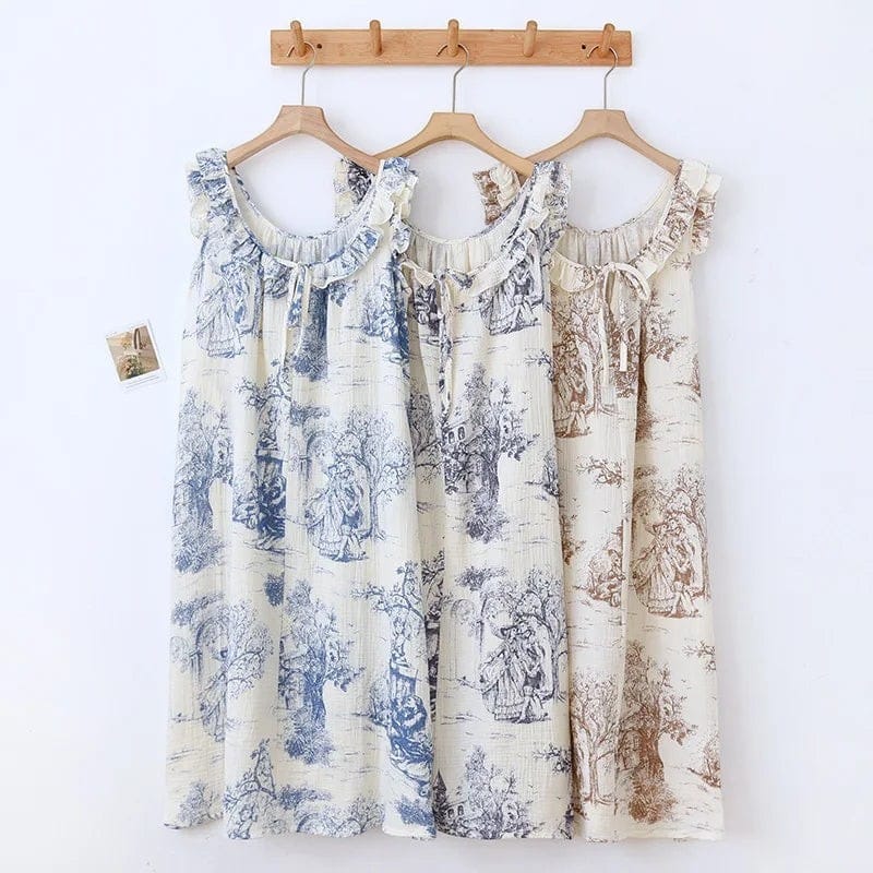Robe de Chambre Femme Coton Imprimé Volants Bretelles Fines