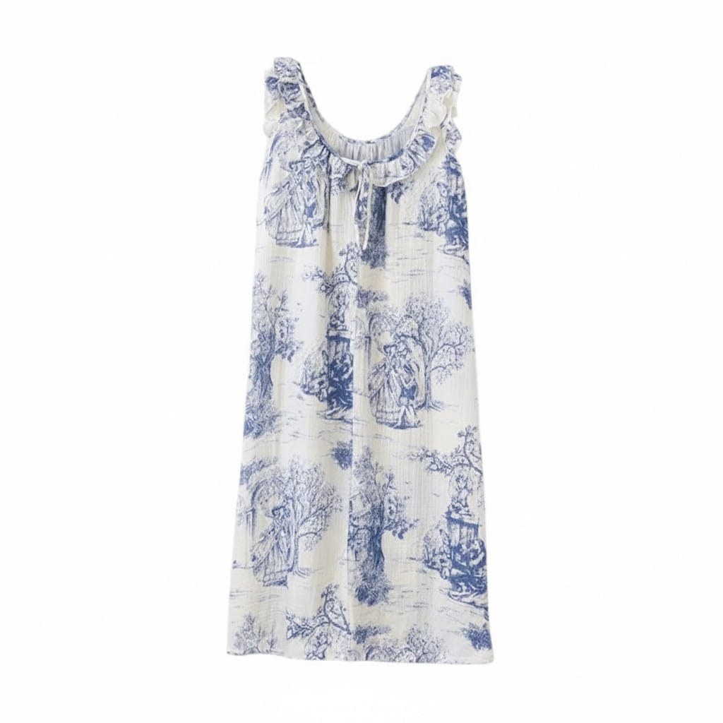 Robe de Chambre Femme Coton Imprimé Volants Bretelles Fines