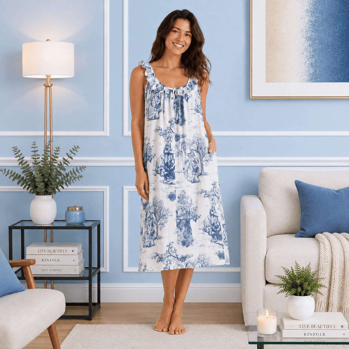 Robe de Chambre Femme Coton Imprimé Volants Bretelles Fines