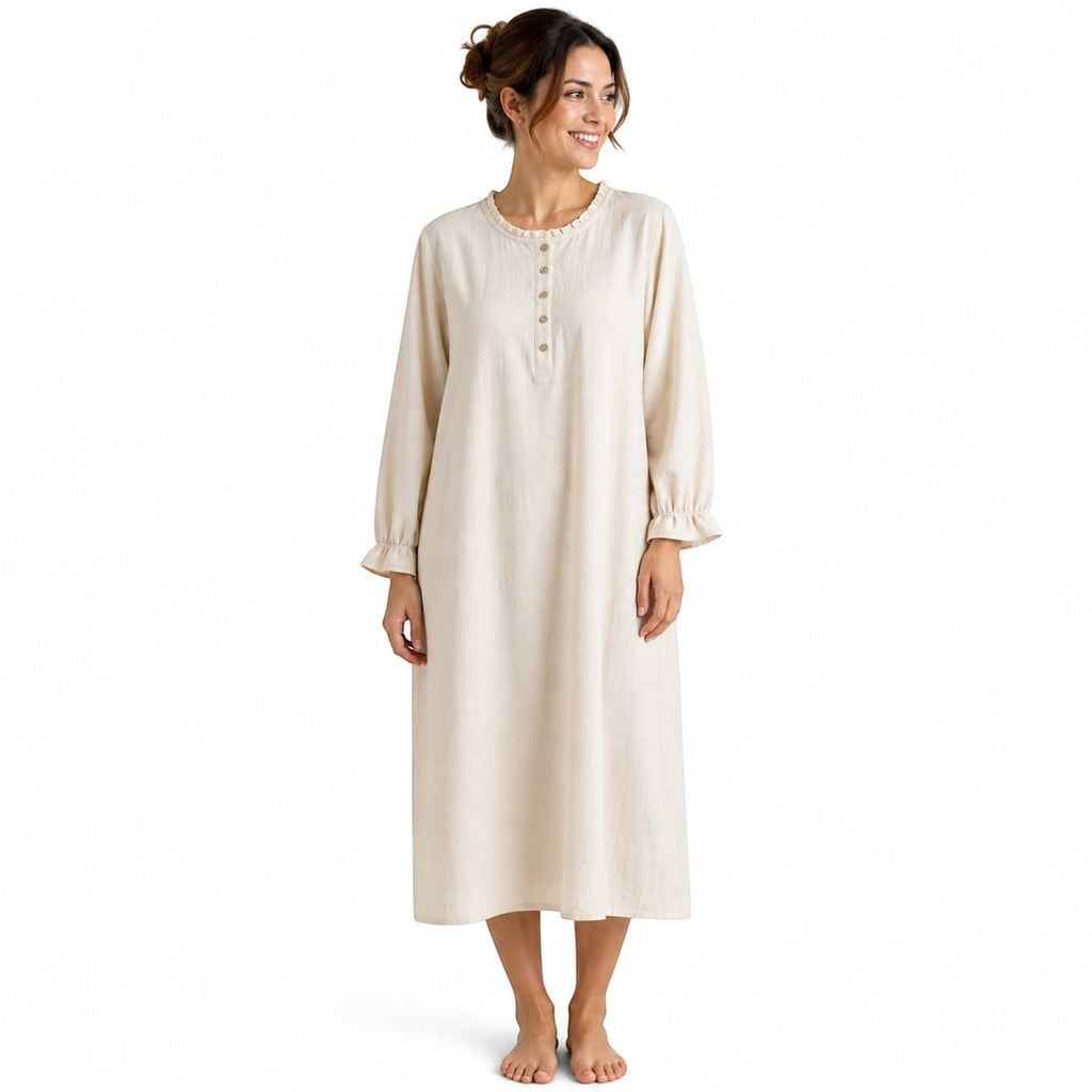 Robe de Chambre Femme Coton Lin Manches Longues Uni