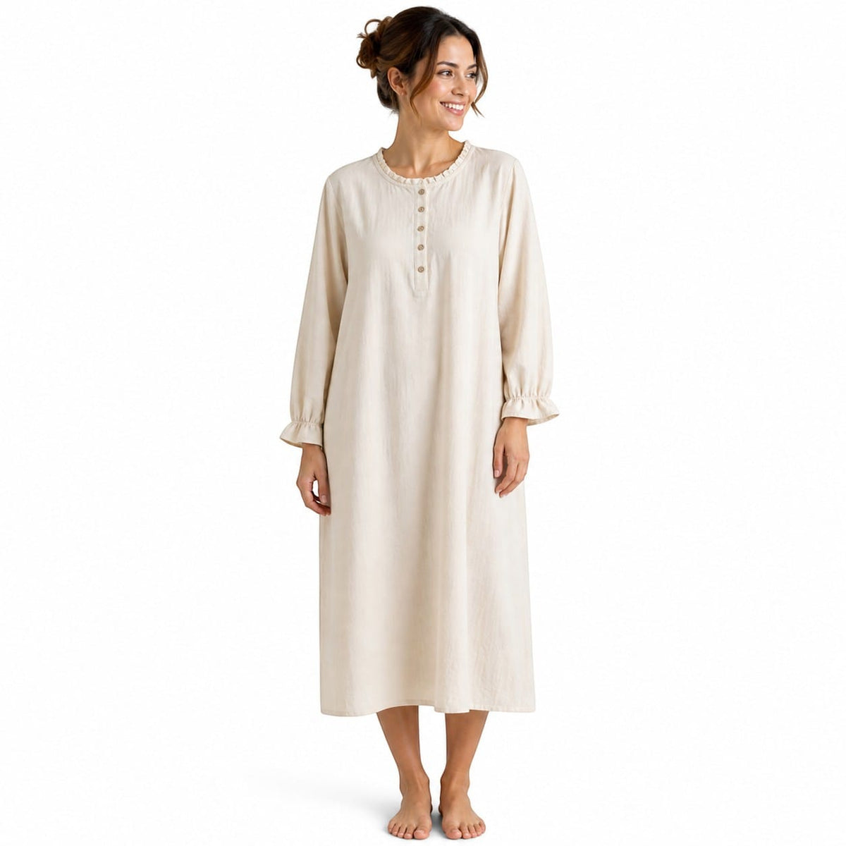 Robe de Chambre Femme Coton Lin Manches Longues Uni